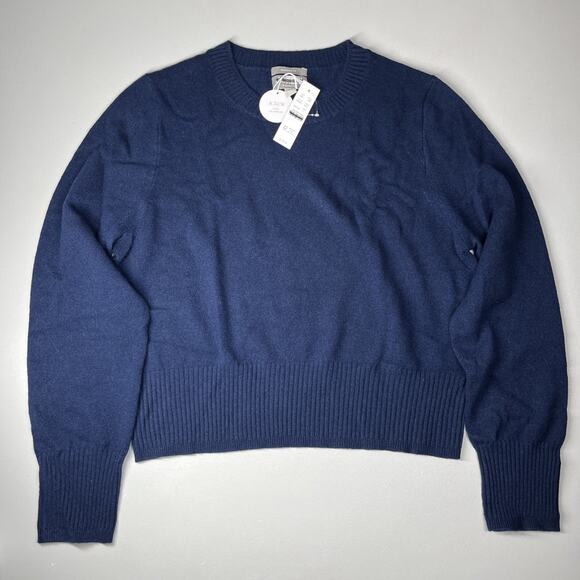 J Crew Cashmere Shrunken Crewneck Sweater Large Navy Cropped Luxury Capsule - Picture 1 of 11
